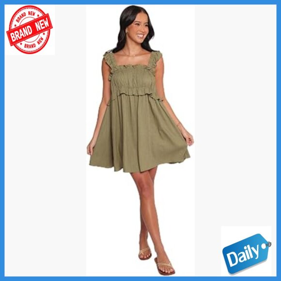 Linen Rayon Mini Dress Square Neck Elastic Straps A-Line Casual